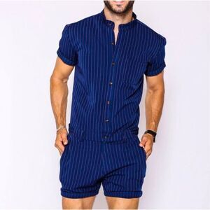 RomperJack Navy Chateaux Pink Pinstripe Romper sz S EUC